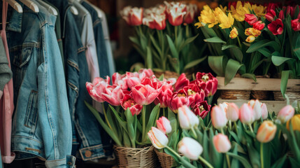 Vibrant Tulips at a Flower Market with Fashionable Clothing