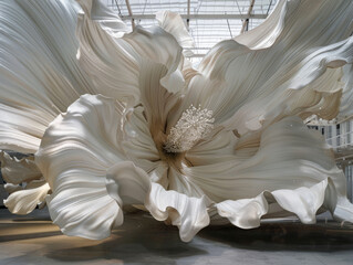 Elegant Giant White Flower Sculpture in Modern Gallery Space
