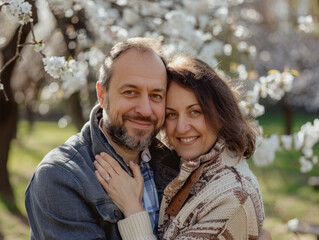 Fototapeta premium Loving Couple Embracing in Blooming Spring Orchard
