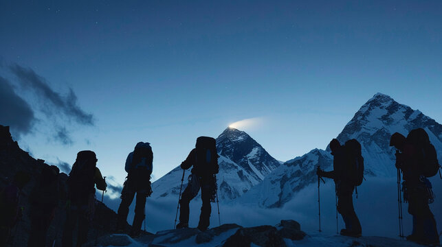Stunning view of Mount Everest from Base Camp, climbers silhouettes at dawn
