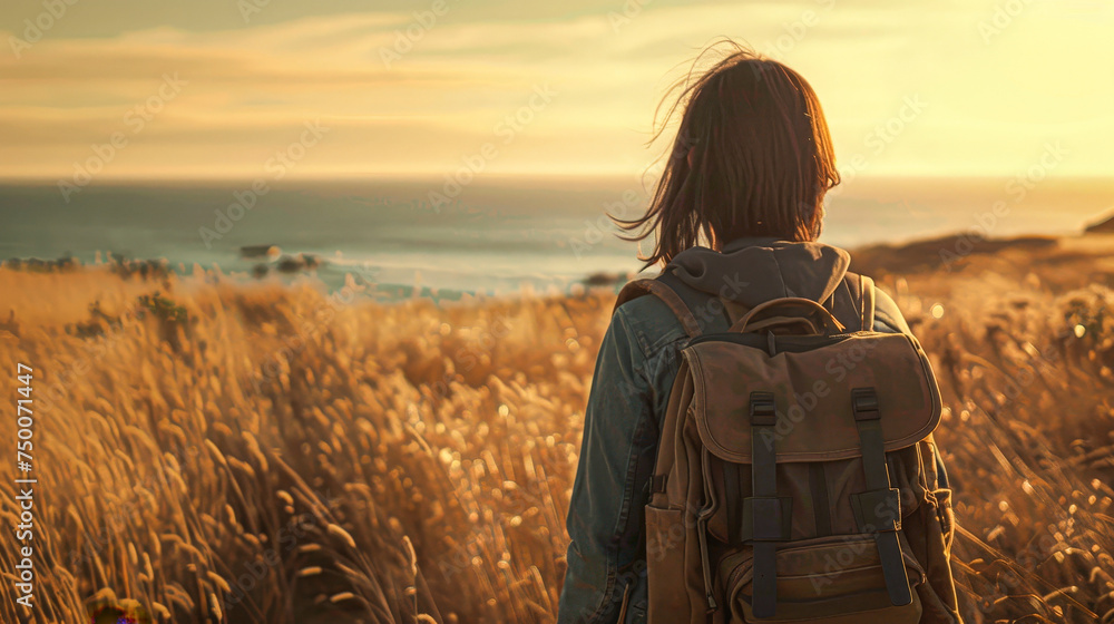 Canvas Prints A woman is walking in a field with a backpack on her back. The sky is orange and the ocean is in the background