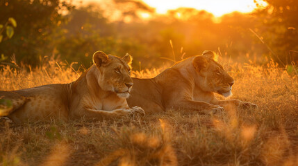 Sunset safari in Kruger National Park, lions resting in the golden light - obrazy, fototapety, plakaty