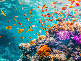 Fototapeta na wymiar Underwater magic in the Great Barrier Reef, vivid coral and playful fish