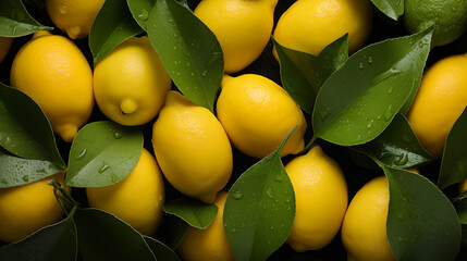 Background from fresh ripe yellow lemons with green leaves, top view