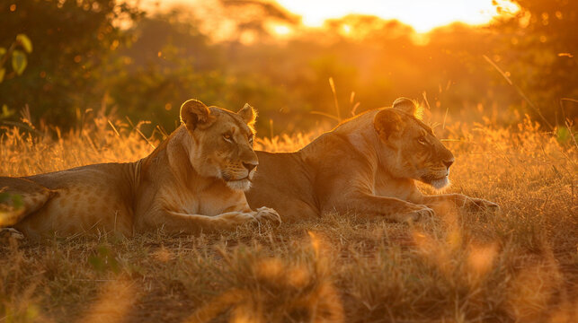Sunset safari in Kruger National Park, lions resting in the golden light