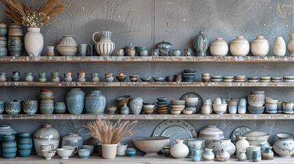 A curated selection of artisanal ceramics displayed on open shelves, each piece a testament to the beauty of handmade craftsmanship.