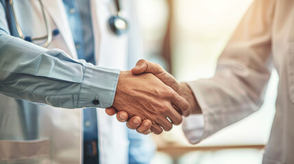 Two doctors shaking hands. Scene is professional and friendly. The handshake symbolizes trust and respect between the two doctors - obrazy, fototapety, plakaty