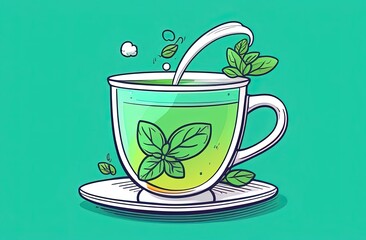 Illustration of cup of green tea with green leaf on top of it Isolated on green background,showcasing serene moment of relaxation and mindfulness with steaming cup of aromatic tea in tranquil setting