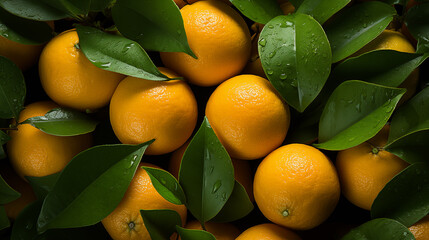 Background from fresh ripe oranges or tangerine with green leaves, top view