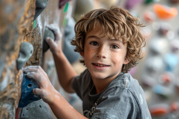 A young boy bouldering