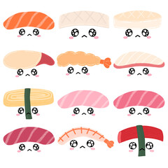 Cute Sushi Cartoon illustration Japanese Food Sushi Cartoon Set Collection Kawaii Sushi Set
