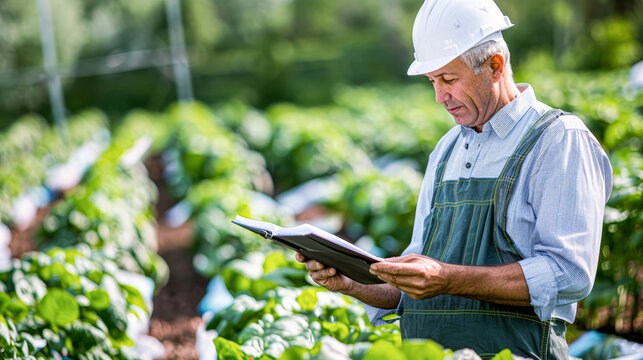 A man in a hard hat is reading a book in a field. He is wearing a green vest and a white shirt