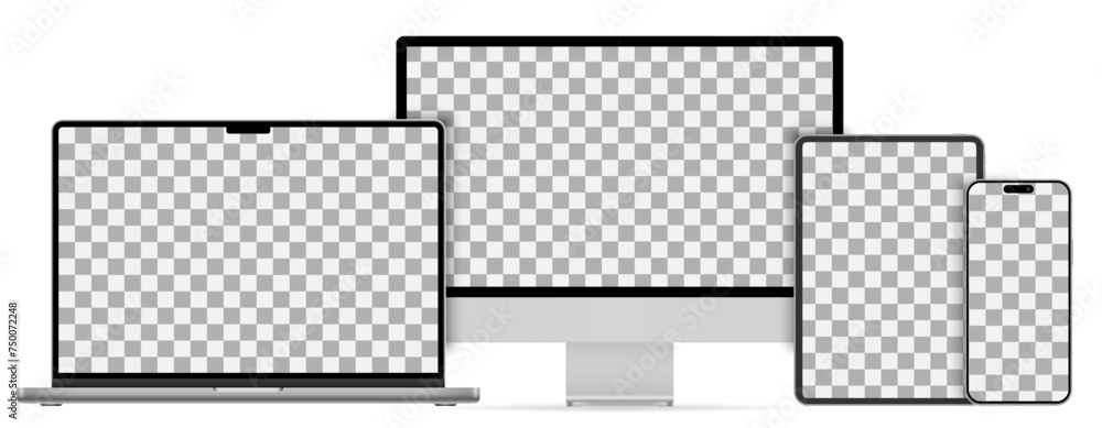 Poster mockups technology devices group of 2024 year with transparent display in silver color, phone tablet