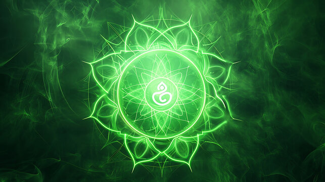 Anahata chakra symbol with mandala backdrop of heart chakra. Spiritual illustration for heart chakra meditation. green abstract design for Anahata Chakra with glowing light. generative ai	
