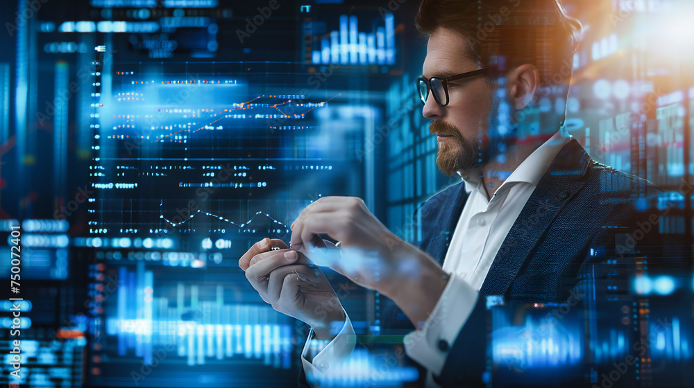 Poster navigating the digital future: a young professional engages with virtual data analytics, symbolizing