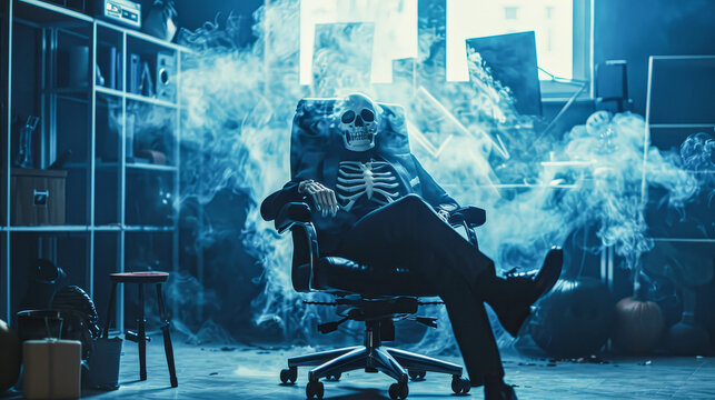 A skeleton is sitting in a chair in a room with smoke. The room is dimly lit and has a spooky atmosphere