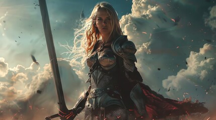 Beautiful female medieval warrior standing ready for battle Generated AI image - obrazy, fototapety, plakaty