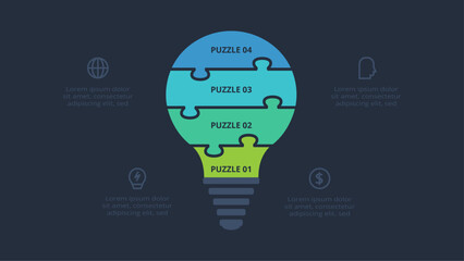 Puzzle infographic with 4 elements, presentations, vector illustration. Template for web on a black background.