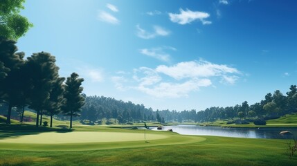 Beautiful golf course with blue sky and clouds during the day. Scenic panoramic view of golf fairway. Landscape concept background.