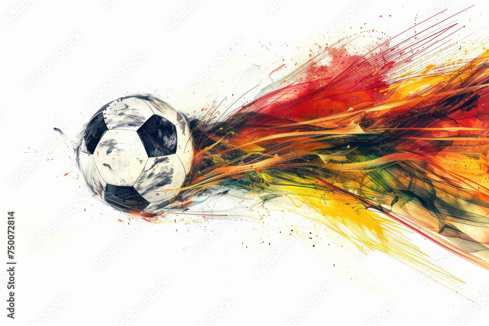 Wall mural Flying soccer ball with the color splashes with the black, red and yellow Germany flag colors isolated on white background. Concept of 2024 UEFA European Football Championship, UEFA Euro 2024.