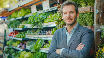 A man stands in front of a vegetable stand, looking at the camera. He is wearing a gray jacket and has his arms crossed. The vegetables on display include broccoli, carrots, and lettuce