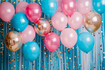 blue party background decoration ideas with balloons, glitter, helium balloons, party poppers 