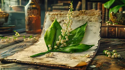 Zelfklevend Fotobehang Natures beauty captured, lily of the valley bouquet on a rustic wooden table, springtime freshness and floral elegance © MdIqbal