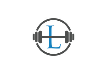 logo letter "L" with barbell vector design, simple and elegant blue logo branding for fitness sport