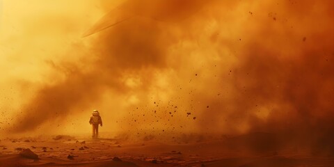 Exploration on Mars Astronaut navigating base with swirling dust storm and satellite. Concept Exploration on Mars, Astronaut, Navigating Base, Swirling Dust Storm, Satellite