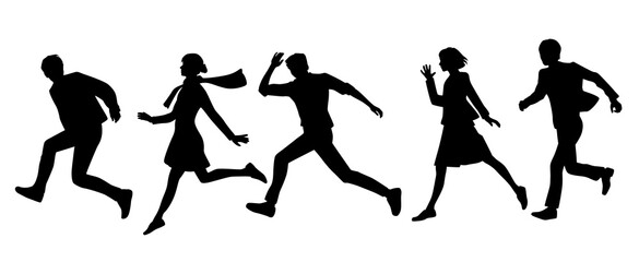 Vector silhouettes of  men, and women, a group of runnning   business people, profile, black color isolated on white background