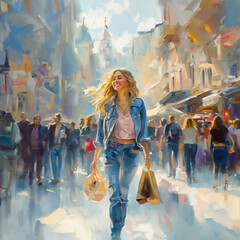 Young girl in shopping - painted style - 750074865