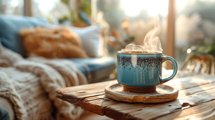 A handmade ceramic mug filled with steaming herbal tea, resting on a rustic wooden side table beside a comfy sofa. - obrazy, fototapety, plakaty