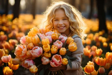 Fotobehang Happy little girl playing in lush spring field surrounded by beautiful tulip flowers © Nikolai