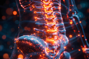 Fiery sparks highlight a human spinal structure in a dynamic medical illustration