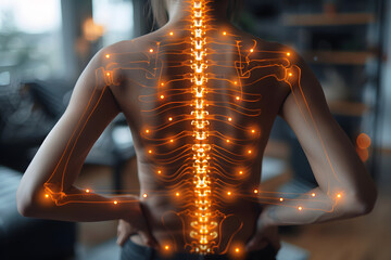 Digital overlay of a human spine and hips highlights musculoskeletal health - obrazy, fototapety, plakaty