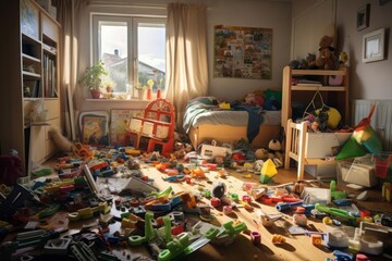 The joyous chaos of a child's room filled with an array of toys, from action figures to building blocks.