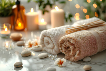 Obraz na płótnie Canvas An inviting spa setting with soft towels, stones, and flickering candles suggests serenity