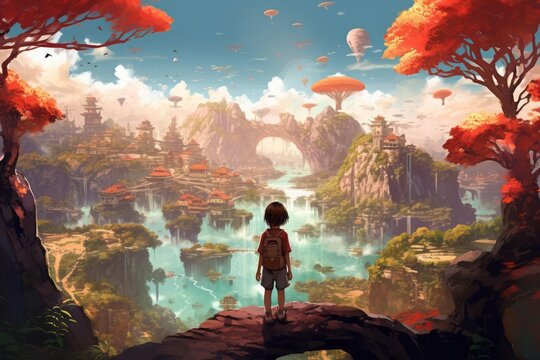 A child navigating through a fantastical landscape of floating islands and talking creatures, each representing a facet of creative thinking. The boundless realms of a child's imagination.