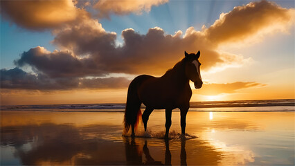 A brown horse standing on sunset  near the sandy beach