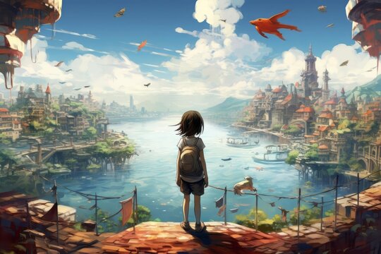 A child navigating through a fantastical landscape of floating islands and talking creatures, each representing a facet of creative thinking. The boundless realms of a child's imagination.