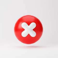 Inflated cancel cross icon isolated over white background. 3D rendering.