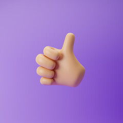 Cartoon emoji hand showing thumb up or like gesture isolated over purple background. 3d rendering.