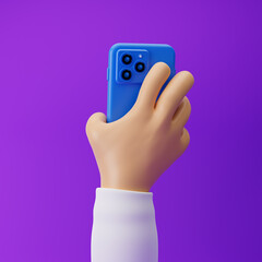 Cartoon hand holding smartphone isolated over purple background. 3d rendering.