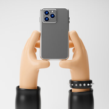 Rocker cartoon hands holding smartphone isolated over white background. 3D rendering.