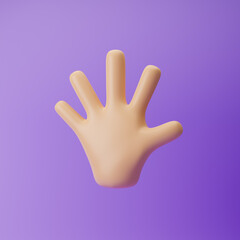 Cartoon emoji hand with fingers splayed isolated over purple background. 3d rendering.