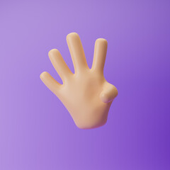 Cartoon emoji hand showing four fingers counting isolated over purple background. 3d rendering.
