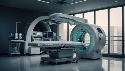 advanced mri or ct scan medical diagnosis machine at hospital lab as wide banner with copy space area