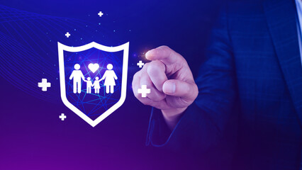 Insurance concept, Businessman with protective gesture and family, life, health and house insurance...