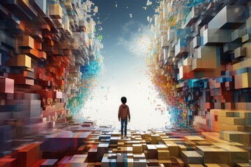 A child stepping into a pixelated world made of colorful building blocks. A playful and dynamic energy to the scene, showcasing the limitless possibilities of creativity within a virtual space. - obrazy, fototapety, plakaty