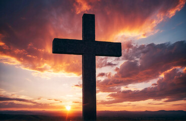 Fototapeta na wymiar Serene Sunset with Cross Silhouette: A Symbol of Faith and Hope